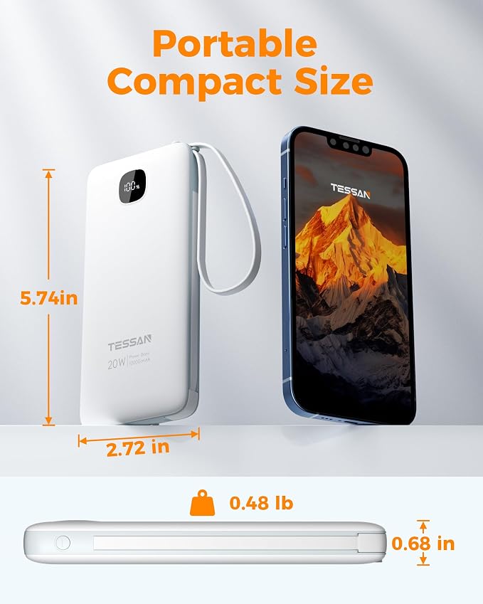 Portable Charger with Built in Cables, TESSAN 10000mAh Power Bank Fast Charging - Image 4