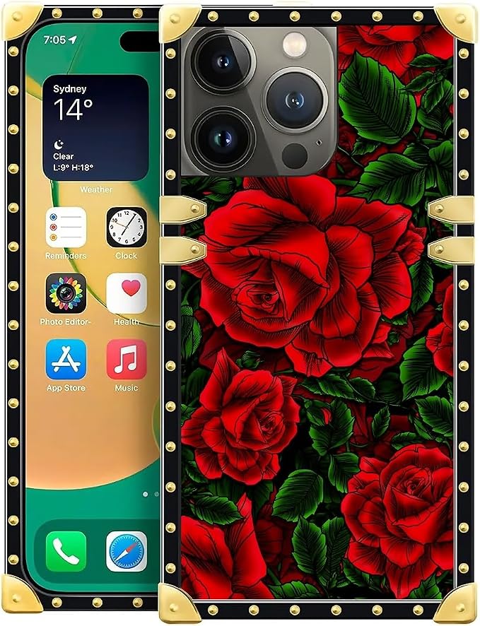 Compatible with iPhone 14 Pro Max Case, Vector Red Rose Green Leaf Luxury by Unknown