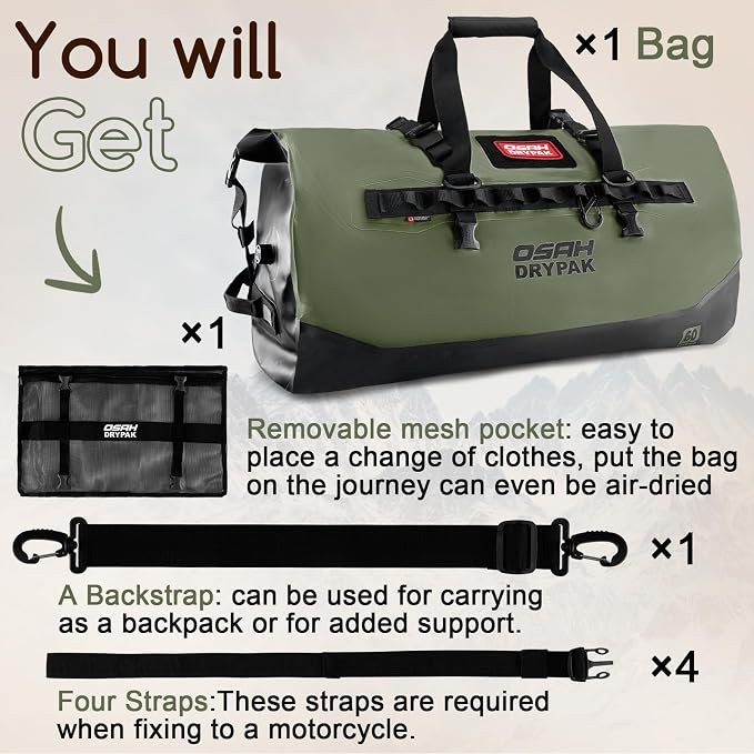 OSAH DRYPAK Waterproof Duffel Bag 25L/40L/60L – Heavy-Duty Motorcycle Tail Bag - Image 8