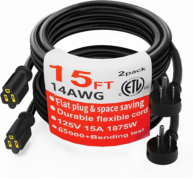 HUANCHAIN 14 Gauge 15 FT Flat Plug Extension Cord Black Indoor Outdoor by huanchain