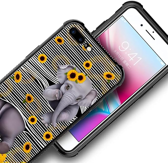 Case for iPhone 7 Plus/8 Plus, Cute Little Elephant Sunflower White Line Art - Image 4