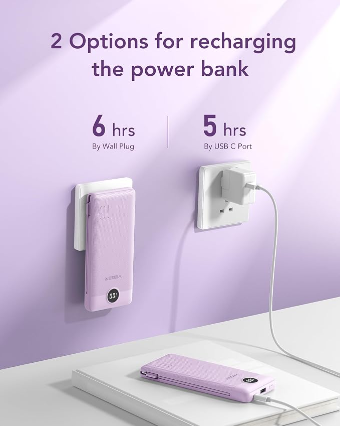 VEGER Portable Charger with Built-in AC Plug and Cables, All in One 10000mAh - Image 5