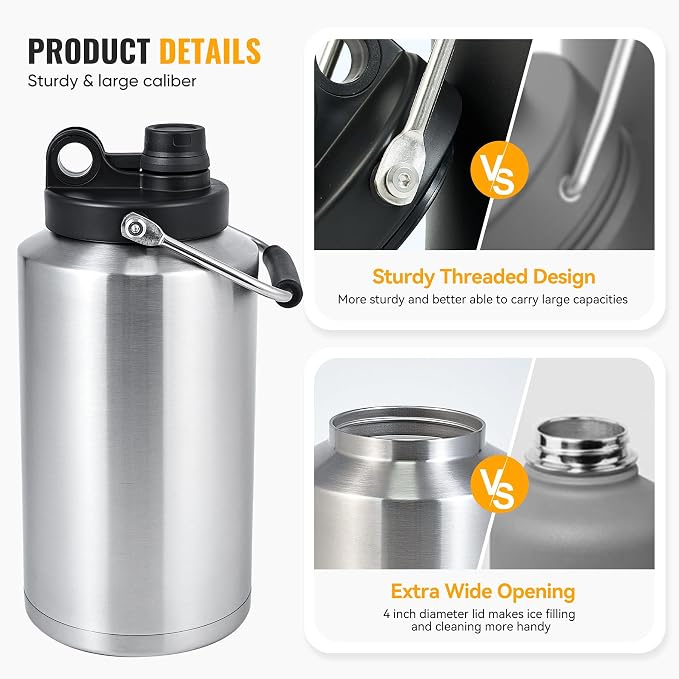 Insulated Gallon Jug with Handle, One Gallon, 128oz Stainless Steel, Large - Image 5