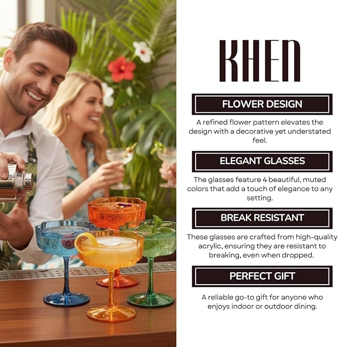 Khen Shatterproof Acrylic Flower Wavy Vintage Art Deco Martini, Champagne & - Image 5