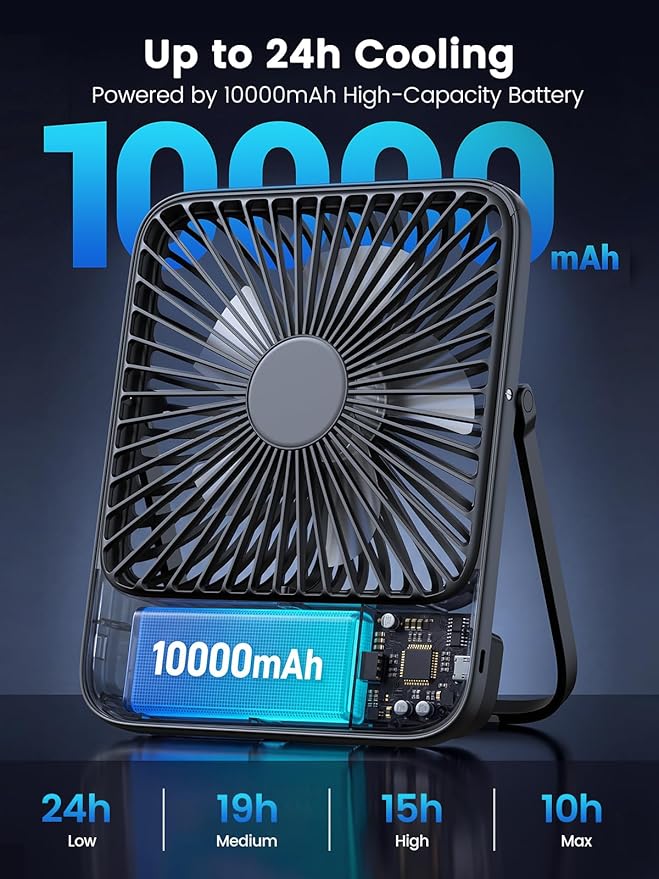 Warmco 10000mAh Portable Travel Fan 7-inch, Max 24H Runtime, Ultra-thin Quiet - Image 2