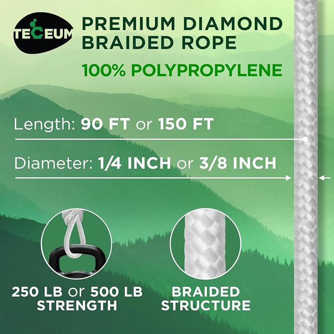 TECEUM Rope – 90 Feet x 3/8 Inch – White – Strong All-Purpose Utility Rope – - Image 2