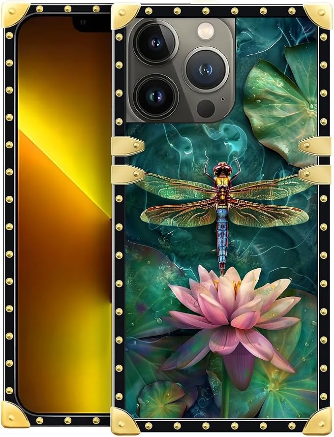 Compatible with iPhone 13 Pro Case, Colourful Dragonfly Pink Lily Pads Luxury by Unknown