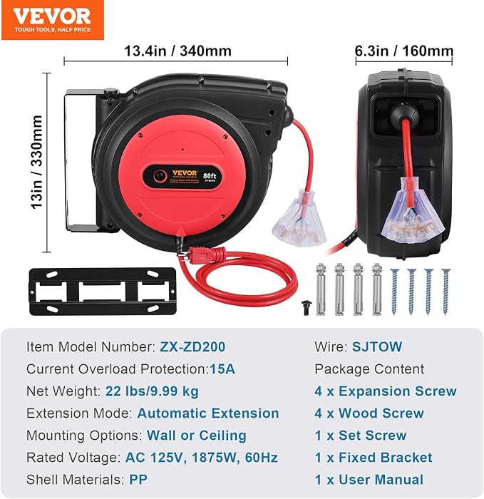 VEVOR 80FT Retractable Extension Cord Reel, 12AWG/3C SJTOW Heavy Duty Power - Image 7