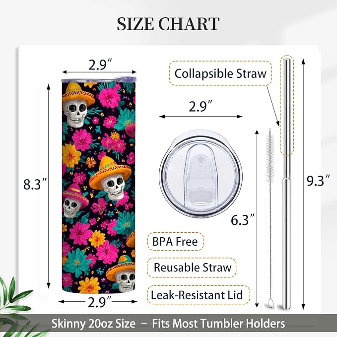Firmiso 20 oz Tumbler｜Skinny Insulated Travel Mug｜Sombrero Skull Floral - Image 5