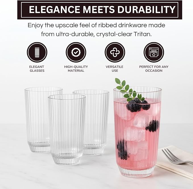 Khen Plastic Acrylic Ribbed Drinking Glasses – Set of 4 Clear 11.8oz Tritan - Image 4