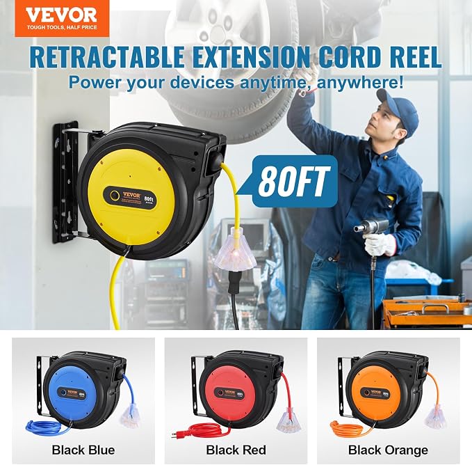 VEVOR 80FT Retractable Extension Cord Reel, 12AWG/3C SJTOW Heavy Duty Power - Image 2