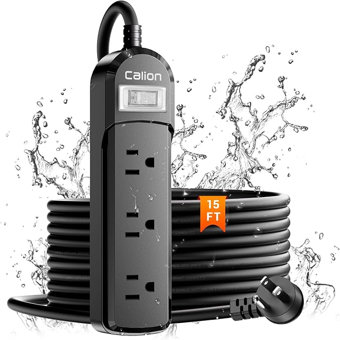 IPX6 Outdoor Power Strip Weatherproof, 15 FT SJT16Awg Extension Cord 3 Wide by CALIONLTD