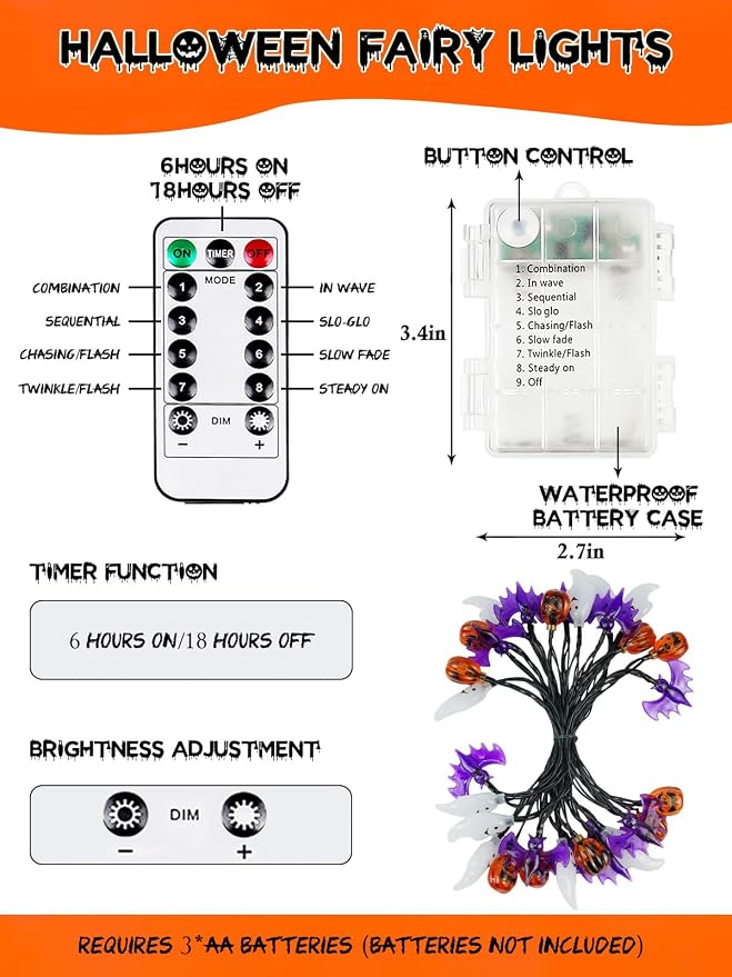 Halloween String Lights, 3D Pumpkin Bat Ghost Fairy Lights Battery Operated - Image 6