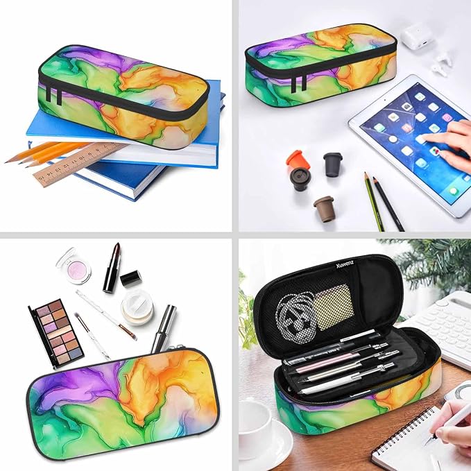 Abstract Print Pencil Case Colorful Fluid Waves Golden Swirls Pencil Bag Pouch - Image 6