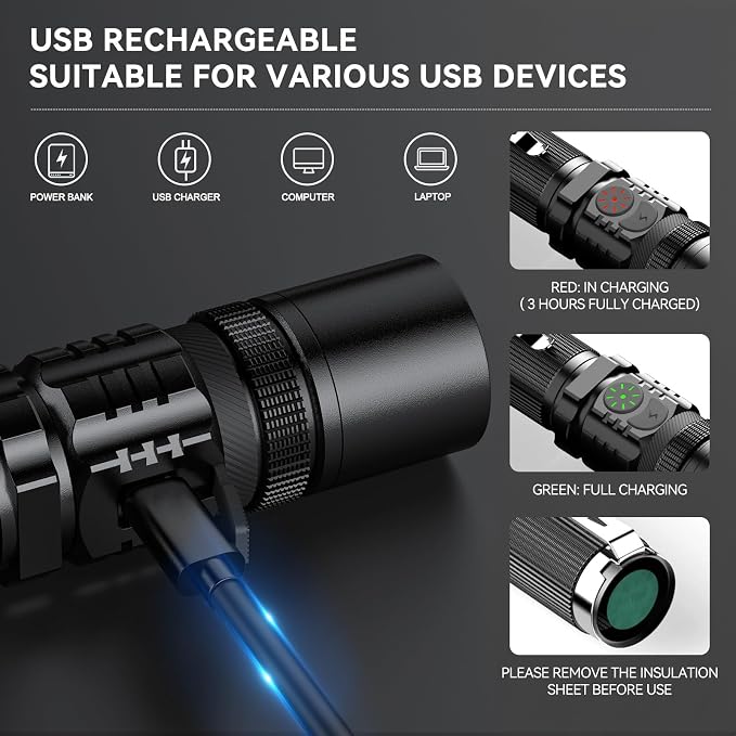 RECHOO Flashlights USB Rechargeable 2 Pack Double Switch S3000L LED Tactical - Image 4
