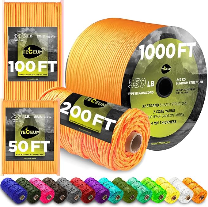 TECEUM 5/32" Paracord Rope 1000 – 1000ft / 200ft / 100ft / 50ft – Tactical by TECEUM