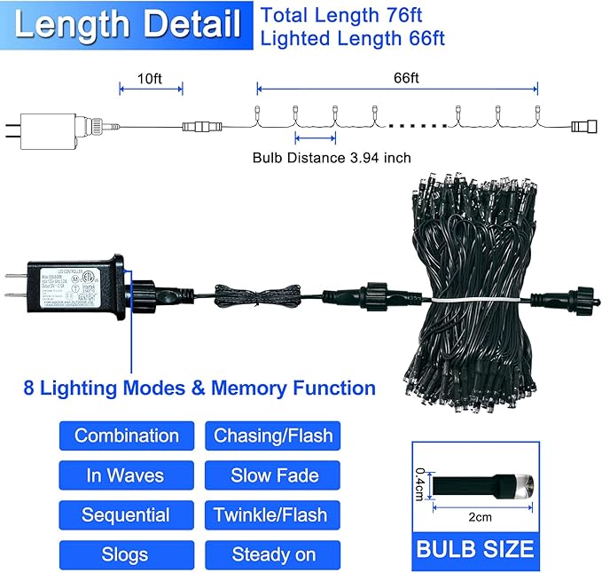 JMEXSUSS 200 LED Blue Christmas Lights Outdoor, Expandable 66ft Blue String - Image 6