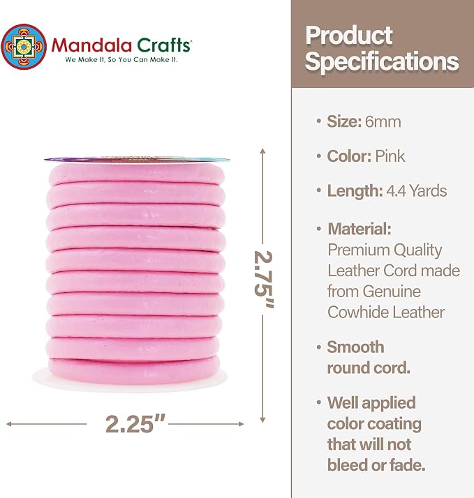 Mandala Crafts Round Genuine Pink Leather Cord - Image 4
