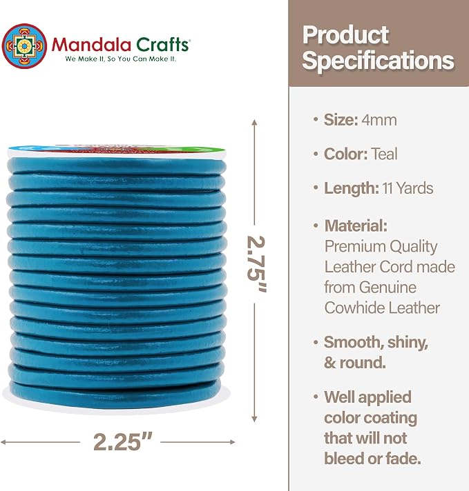 Mandala Crafts Round Genuine Teal Leather Cord - Image 4