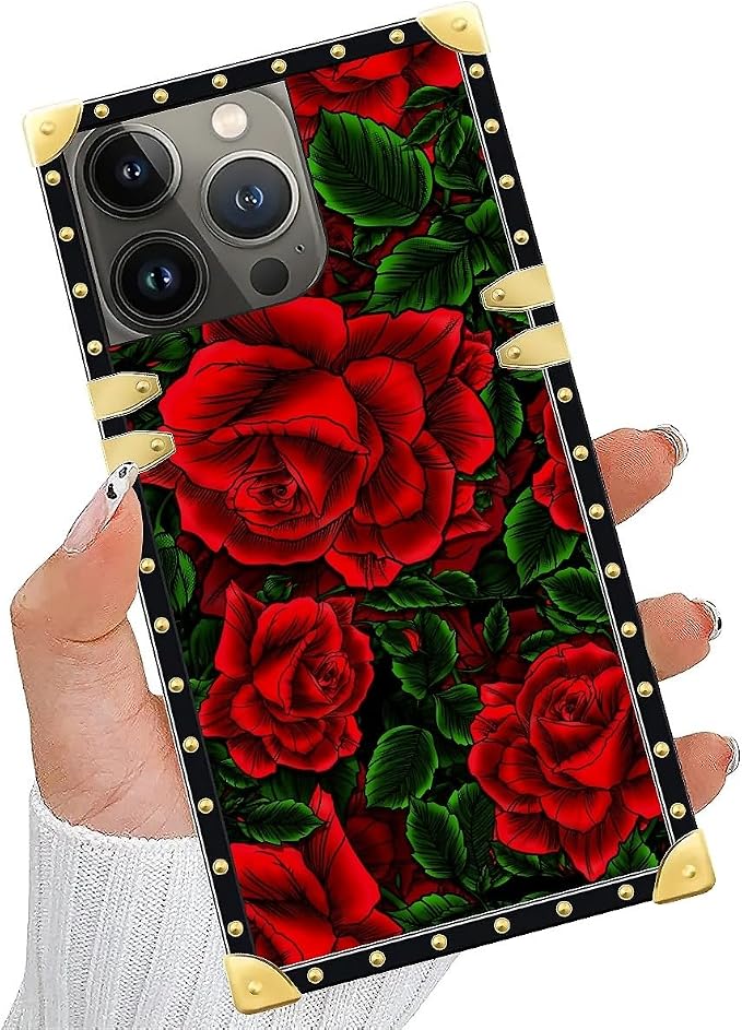 Compatible with iPhone 13 Pro Case, Vector Red Rose Green Leaf Luxury Golden - Image 5