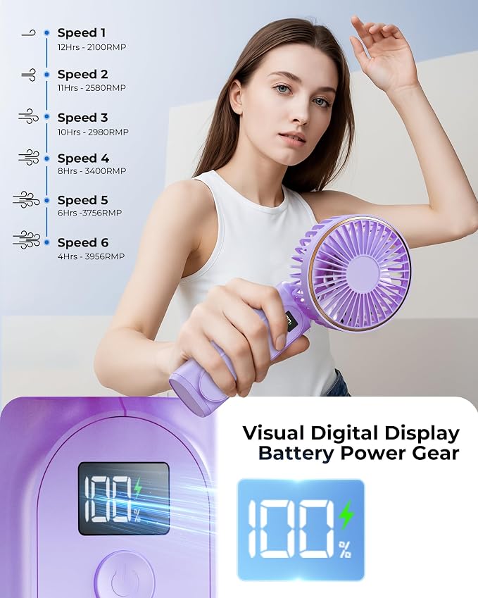 TUNISE Portable Handheld Fan, 180 Adjustable, 6 Speed Wind, USB Rechargeable - Image 5