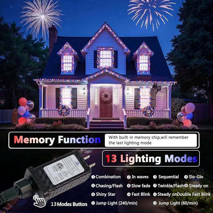 4th of July Red White and Blue Lights, Connectable 200 LED 66FT String Lights - Image 3