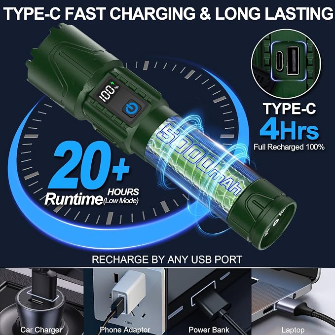Rechargeable Tactical Flashlights 2000 High Lumens - 5000mAh Super Bright LED - Image 6