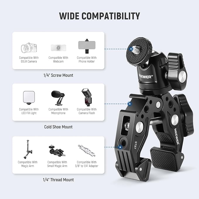 Neewer Super Clamp with Ballhead, Cold Shoe, Phone Holder and Action Camera - Image 5
