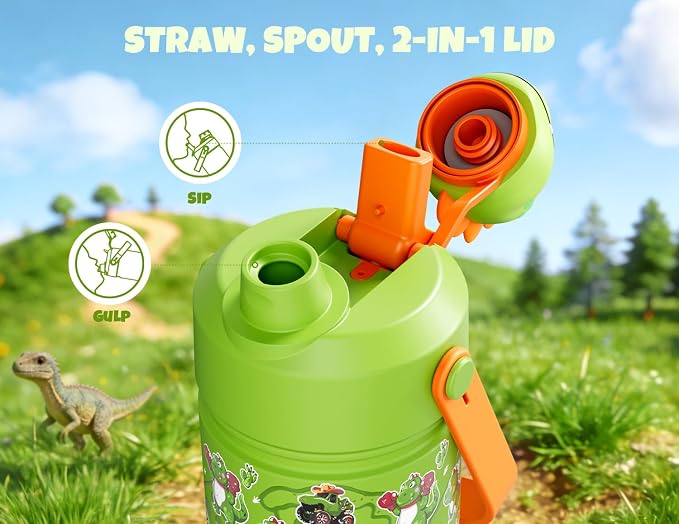POWCAN 18 oz Kids Stainless Steel Water Bottle: 2-in-1 Straw Spout Lid - Image 3