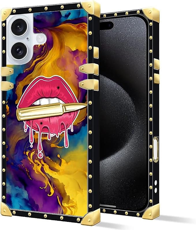 Compatible with iPhone 16 Plus Case, Cool Corlorful Lip Marble Luxury Golden - Image 3