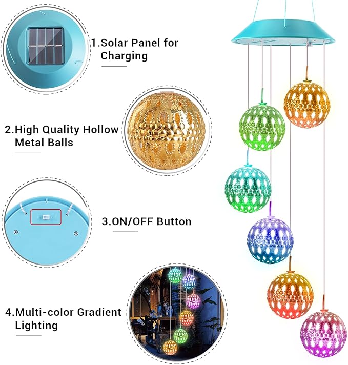 Toodour Solar Wind Chime, Color Changing Moroccan Ball Wind Chimes, LED - Image 3