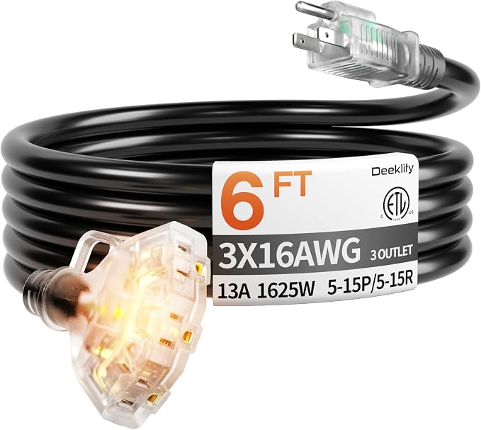6 ft 16/3 awg 3 Outlet Extension Cord Splitter by Deeklify