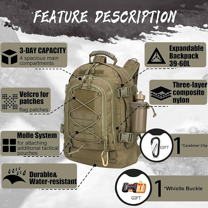 Large Military Bug Out Bag 3 Day Pack Expandable Backpack Army Daypack - Image 3