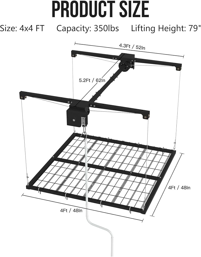 4x4 FT Overhead Garage Lifting Storage Rack, 350 lbs Capacity & 79" Lifting - Image 2