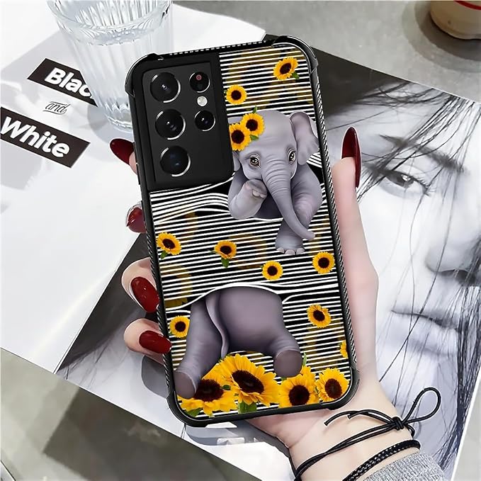 for Samsung Galaxy S21 Ultra Case, Cute Little Elephant Sunflower White Line - Image 7