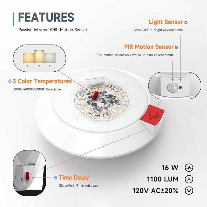 ECOELER PIR Motion Sensor Ceiling Light, 3CCT Selectable Occupancy Light - Image 3