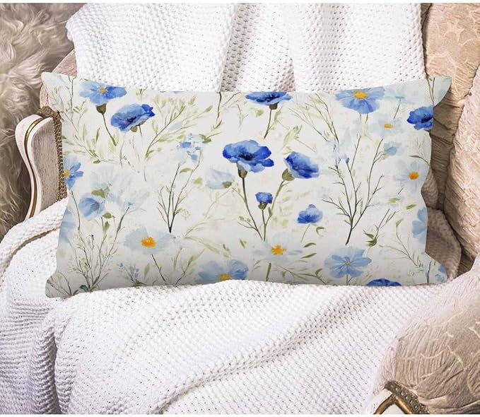 EKOBLA Watercolor Flowers Decorative Pillow Case Throw Pillow Covers Blue by EKOBLA