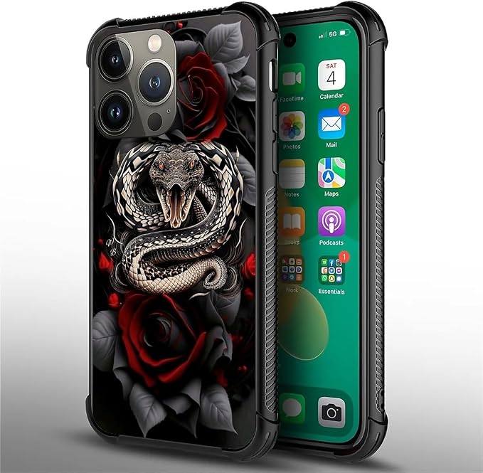 for iPhone 13 Pro Max Case, Entwined Rose Snake Pattern Graphic Design Girl Boy - Image 2