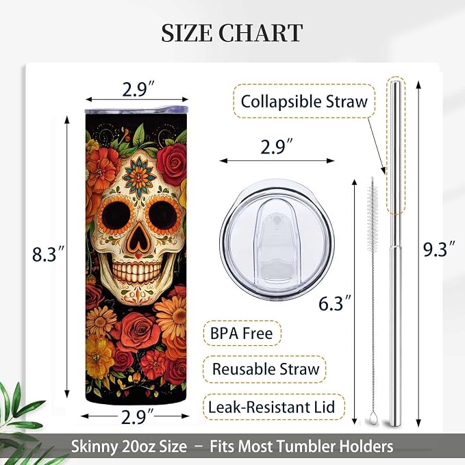 Firmiso 20 oz Tumbler｜Skinny Insulated Travel Mug｜Sugar Skull Floral Design - Image 6