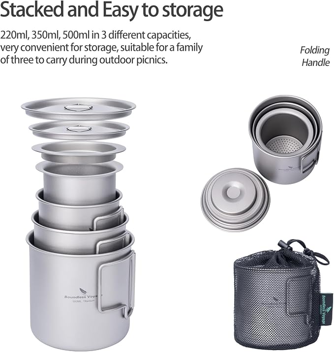 iBasingo Titanium Cup Set with Lid Foldable Handle Single-walled Camping Mug - Image 4
