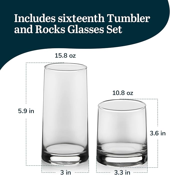 Libbey Cabos 16-Piece Rocks and Tumbler Glasses Set, Angled Glass Cups Set - Image 3