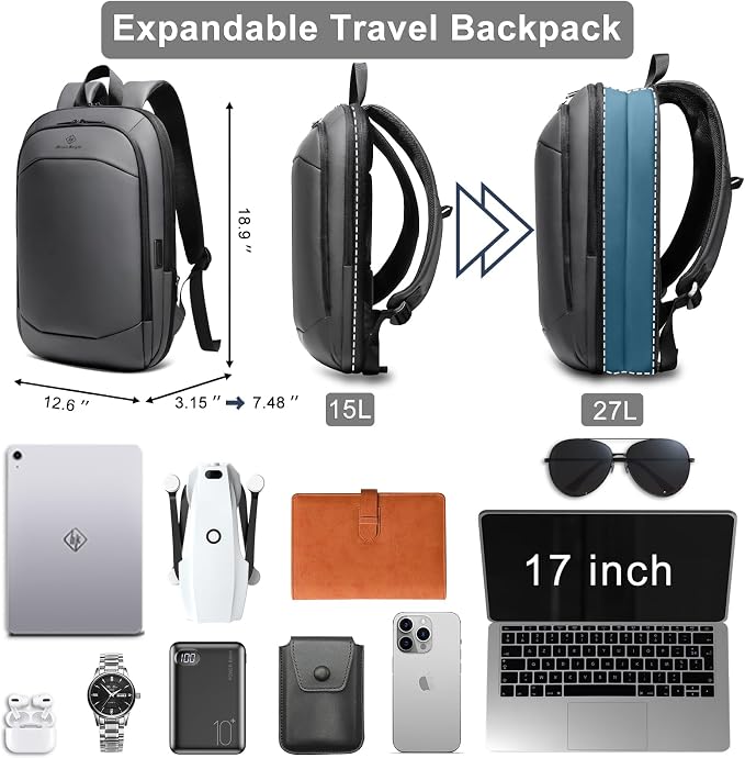 hk Business Backpack for Men 17 Inch, Slim & Expandable Waterproof Travel - Image 3