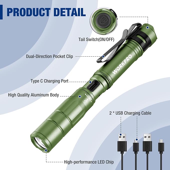 WORKPRO Rechargeable Pen Light, Mini Flashlight, 2 Pack Ultra-Compact EDC - Image 7