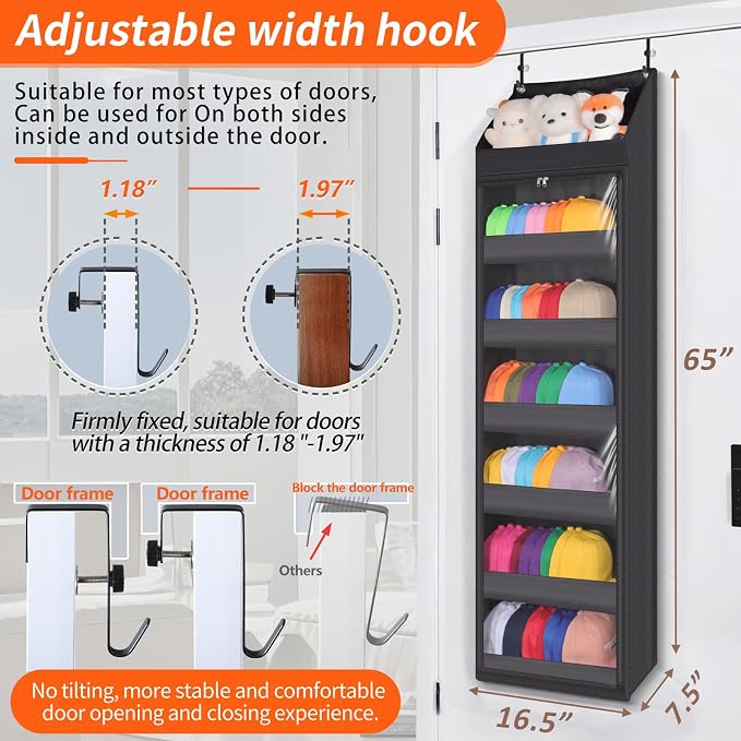 Toread 7-Layer Door-Mounted Baseball Cap Organizer, Dust-Proof Hat Rack Holds - Image 5