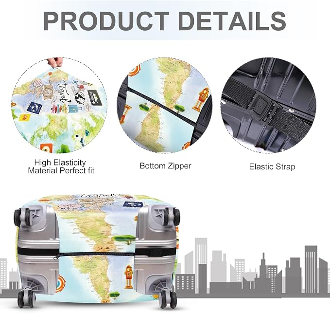 ANNA QUEEN Travel Collage Luggage Cover, World Map & Sticker Style Suitcase - Image 3