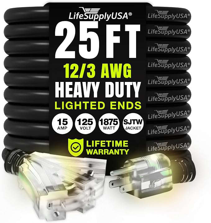 25ft Outdoor/Indoor Extension Cord 3-Outlet 12/3 Gauge Extra Heavy Duty 3 Prong by LifeSupplyUSA