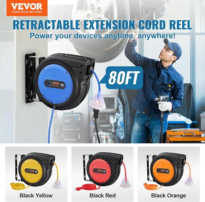 VEVOR 80FT Retractable Extension Cord Reel, 12AWG/3C SJTOW Heavy Duty Power - Image 2
