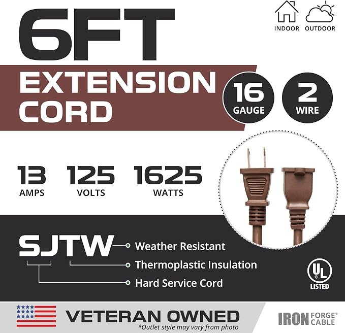 Iron Forge Cable 2 Prong Outdoor Extension Cord 6 ft, 16/2 SJTW 6 Foot Brown - Image 2