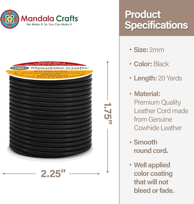 Mandala Crafts Round Cowhide Genuine Black Leather Cord - Image 4