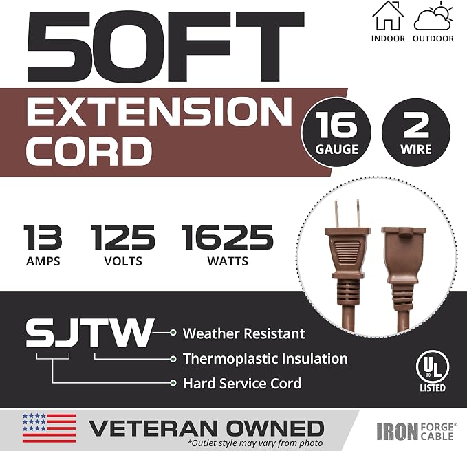 Iron Forge Cable 2 Prong Outdoor Extension Cord 50 ft, 16/2 SJTW 50 Foot Brown - Image 2